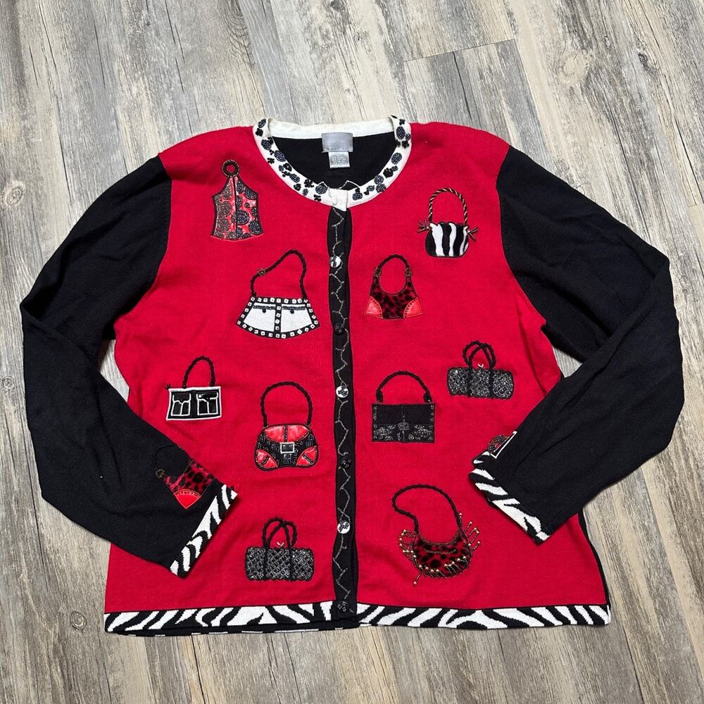 Vtg Berek Cardigan Sweater Shoes Purse Pearls Beads Design Red Knit Women’s XL